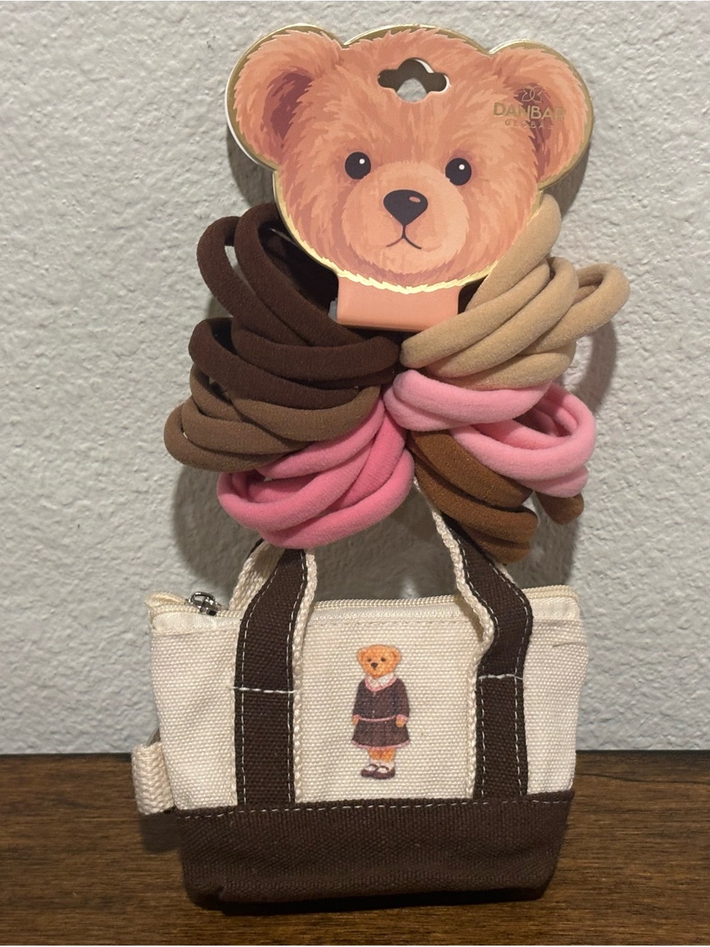 Kids Plush Bear Hair Tie Set with Mini Canvas Tote - Brown, Pink, Tan - Picture 3 of 7